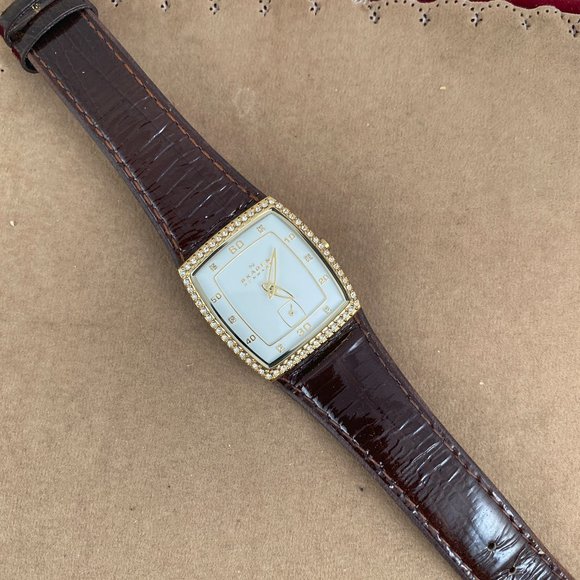 Vintage Skagen Gold Cushion Watch Crystals White Enamel Sub Dial Brown Strap main image 6